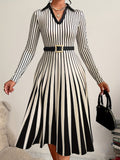 1pc Women'S Elegant Striped Collar Long Sleeve Midi Dress, Polyester Knit Fabric, Regular Fit, Autumn Season, Casual Chic for Daily Wear