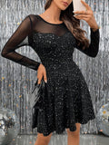 Women'S Elegant Short Dress, Long Sleeve, Round Neck, Sparkling Print, Fitted Knit Polyester with Elastane, All-Season Solid Color Crew Neck Dress for Adult