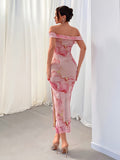 Elegant Floral Print Off Shoulder Dress - Backless Slim Side Split for Party & Banquet - Women's Clothing