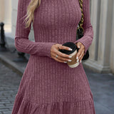 Long Sleeve Ruffle Hem Ribbed A-line Dress, Casual Crew Neck Solid Color Dress For Spring & Fall, Women's Clothing