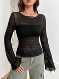Solid Textured Mesh Slim T-Shirt, Casual Long Sleeve T-Shirt For Spring & Fall, Women's Clothing