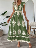 [100% Polyester V-Neck Midi Dress] Spring/Summer Floral Print V-Neck Dress with Flutter Sleeves and Waist Cinch, A-Line Midi, 100% Polyester - Machine Washable, Fly Fly Sleeves, A-Line voguable