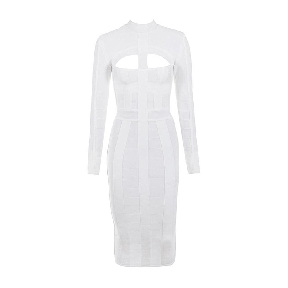 Women Bodycon Bandage Dress White Long Sleeve Hollow Out Club Dress Vestidos Celebrity Evening Party Midi Dress