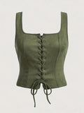 [Lace Up Vintage Crop Tank] Vintage Lace Up Crop Tank Top, Elegant Solid Color Square Neck Tank Top For Spring & Summer, Women's Clothing