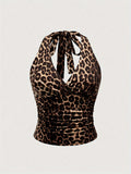 [Slim Fit Backless Crop Top] Leopard Print Halter Neck Top, Sexy Backless Slim Fit Crop Top For Spring & Summer, Women's Clothing