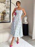 Vintage Floral Print Square Neck Sleeveless Midi Dress with Adjustable Thin Straps & Front Zipper, Light Purple Floral Design, Backless Detail - Perfect for Spring/Summer/Fall, Casual Summer Dress | Vintage Floral Dress | Ruf