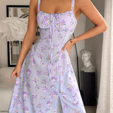 Vintage Floral Print Square Neck Sleeveless Midi Dress with Adjustable Thin Straps & Front Zipper, Light Purple Floral Design, Backless Detail - Perfect for Spring/Summer/Fall, Casual Summer Dress | Vintage Floral Dress | Ruf