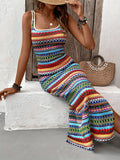 Vintage Square Neck Tank Dress - Striped Pattern Sleeveless Split Slim Dress for Spring & Summer Women's Clothing