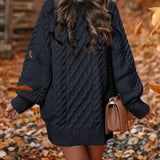 Women's Long Sleeve Cable Knit Dress, Casual Solid Color Crew Neck Loose Fit Knitted Dress for Everyday Wear