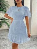 [Summer Chiffon Ruffle Dress] Summer Fashion Solid Color Chiffon Ruffle Hem Dress - Casual Crew Neck Short Sleeve A-Line Pendulum - 95% Polyester 5% Elastane
