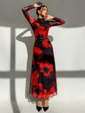 Floral Print Mesh Splicing Dress, Elegant Long Sleeve Bodycon Dress for Spring & Fall, Women's Clothing