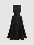 Solid Color Polyester Midi Dress - Elegant Round Neck Cinched Waist for Women - Machine Washable, Long Skirt