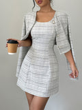 [Elegant | Plaid] Stretchy Polyester Women's Elegant Plaid Dress and Jacket Set | A-Frame Mini Dress with Button Front, Perfect for Fall and Winter | Stylish and Comfortable Outfit, Chic Mini Dress, Buttoned Jacket, Cute Dres