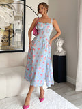 Vintage Floral Print Square Neck Sleeveless Midi Dress with Adjustable Thin Straps & Front Zipper, Light Purple Floral Design, Backless Detail - Perfect for Spring/Summer/Fall, Casual Summer Dress | Vintage Floral Dress | Ruf