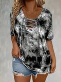 Women'S Plus Size Tie Dye Print Short Sleeve T-Shirt, Casual Loose Fit Tee with Lace-Up Drape Neck, Polyester 95% Spandex 5% Knit Fabric, Medium Stretch, Spring/Summer Pullovers, 175g/m² - Purple