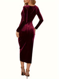 Elegant Black Velvet Midi Dress for Women - Vintage-Inspired V-Neck with Ruched Detail, Long Sleeves, and Asymmetrical Hem - Machine Washable, Polyester & Elastane Blend