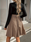 [Color Block Belted Crew Dress] ZAFUL Color Block Crew Neck Belted Dress, Elegant Long Sleeve A Line Dress For Spring & Fall, Women's Clothing