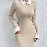 [Long Sleeve Bodycon Dress] Color Block Long Sleeve Bodycon Dress, Elegant Flat Collar Keyhole Above Knee Dress, Women's Clothing