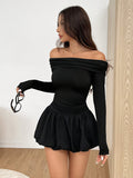 Women'S Solid Color Strapless Mini Dress, Fitted Polyester Knit Fabric with Ruffle Hem, Long Sleeve, All-Season Fashion for Adult