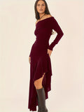 Elegant Ruffled Off Shoulder Long Sleeve Dress - Women's Backless Asymmetrical Slim Fit Dresses with Ruffle Hem - Perfect for Formal Occasions and Date Nights