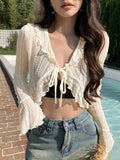 Ruffle Trim Tie Front Cardigan, Chic Long Flare Sleeve V Neck Crop Cardigan For Spring & Fall, Women's Clothing