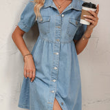 Blue Short Sleeves Denim Dress