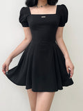 Black Puff Sleeve A-Line Pleated Dress