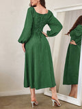 Elegant Textured Midi Dress - Cross Tie Lantern Sleeve Solid Color Romantic Dress for Women