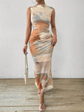 Elegant Women's Tie-Dye Print Sleeveless Maxi Dress - Chic Stand Collar, Ruched Bodycon Design in Vibrant Orange/Blue/White, Polyester Blend with Stretch, Machine Washable for All Seasons