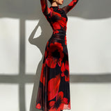 Floral Print Mesh Splicing Dress, Elegant Long Sleeve Bodycon Dress for Spring & Fall, Women's Clothing