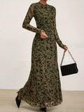 [Ankle Length Floral Print Dress] Floral Print Tucked Ankle Length Dress, Elegant Crew Neck Long Sleeve Slinky Dress For Spring & Fall, Women's Clothing