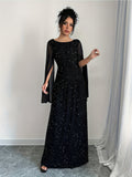 Elegant Glitter 1pc Polyester Maxi Dress for Women - Boat Neck Long Sleeve with Zipper and Side Slit - Fitted Knit Fabric Solid Color All-Season Party Gown