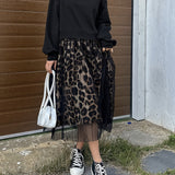 [Leopard Print Crew Neck Dress] Leopard Print Crew Neck Dress, Elegant Long Sleeve Mesh Stitching A-line Dress for Spring & Fall, Women's Clothing