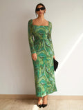 Marble Print Long Sleeve Dress, Stylish Square Neck Ankle Length Dress For Spring & Fall, Women's Clothing