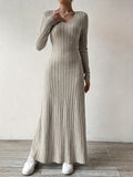 Elegant Solid Color V-Neck Knit Long Sleeve A-Line Dress - Ribbed Texture, Machine Washable, Polyester - Chic Middle Eastern Style for Fall, Elegant Long Sleeve Knit Dress