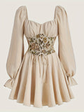 [Midi Floral Embroidery Sweetheart Dress] Vintage-Inspired Sweetheart Neck Midi Dress with Floral Embroidery & Ruffled Long Sleeves - Chic Tie-Waist Design, Polyester Blend, Machine Washable - Ideal for Fall/Winter