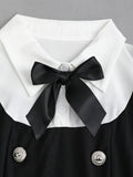 [Patchwork Bow Elegant Dress] Elegant Patchwork Polyester Dress with Bow Detail, Double-Breasted Faux Two-Piece Fitted Dress for Adults, Woven All-Season Dress