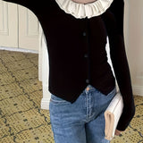 Women's 2024 New French Chic Ruffle Collar Knit Sweater, Slim Fit, Viscose Blend, Spring/Autumn, Contrast Color, Open Front Cardigan