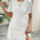[Summer Chiffon Ruffle Dress] Summer Fashion Solid Color Chiffon Ruffle Hem Dress - Casual Crew Neck Short Sleeve A-Line Pendulum - 95% Polyester 5% Elastane