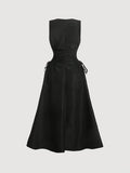 Solid Color Polyester Midi Dress - Elegant Round Neck Cinched Waist for Women - Machine Washable, Long Skirt
