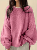 Cozy Womens Crew Neck Pullover Sweater - Relaxed Fit, Dramatic Drop Shoulder & Trendy Split - Soft Knit, Everyday Casual Style - Solid Color Wardrobe Staple
