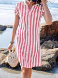 [Elegant | Striped] Elegant Striped V-Neck Midi Dress | Asymmetrical Hemline, Casual Short Sleeve, Button Front, Lightweight Polyester | Perfect for Summer Beach Outings, Beach Dress