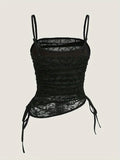 Elegant Floral Lace & Velvet Off-Shoulder Cami Top for Women with Side Drawstring Detail - Machine Washable, Perfect for Spring/Summer/Fall