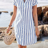 [Elegant | Striped] Elegant Striped V-Neck Midi Dress | Asymmetrical Hemline, Casual Short Sleeve, Button Front, Lightweight Polyester | Perfect for Summer Beach Outings, Beach Dress