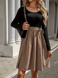 [Color Block Belted Crew Dress] ZAFUL Color Block Crew Neck Belted Dress, Elegant Long Sleeve A Line Dress For Spring & Fall, Women's Clothing