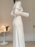 Long Sleeve 3D Floral Off-Shoulder Knit Dress - Solid Color, Regular Fit, A-Line, Winter Fashion, Sweater Knit Fabric