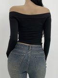 Y2K-Inspired Off-Shoulder Tie-Front Top - Slim Fit, Long Sleeve, Solid Color Women's Tee for Spring/Summer/Fall, Sexy, One-Shoulder
