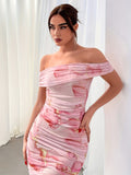 Elegant Floral Print Off Shoulder Dress - Backless Slim Side Split for Party & Banquet - Women's Clothing