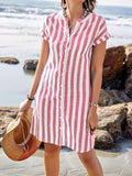 [Elegant | Striped] Elegant Striped V-Neck Midi Dress | Asymmetrical Hemline, Casual Short Sleeve, Button Front, Lightweight Polyester | Perfect for Summer Beach Outings, Beach Dress