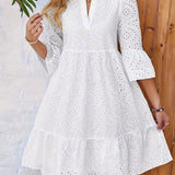Casual Polyester V-Neck Dress - Elegant Women's Solid Color with Embroidered Lantern Sleeves, Non-Stretch, Machine Washable, Perfect for All Seasons
